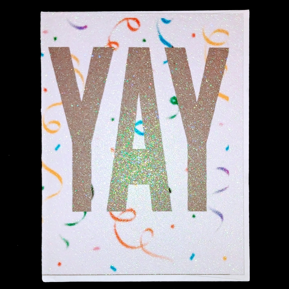 "YAY!" SILVER GLITTER SHED-FREE GREETING CARD